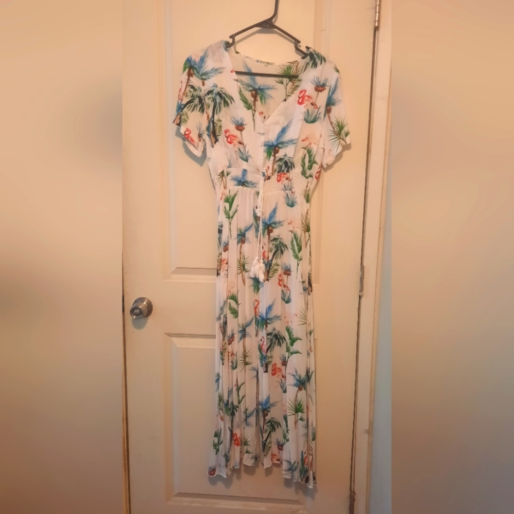 Button up short sleeve tropical dress